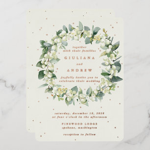 Invitación Con Relieve Metalizado Crema de nieve + eucalipto Boda de invierno de cor