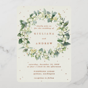 Invitación Con Relieve Metalizado Crema de nieve + eucalipto Boda de invierno de cor