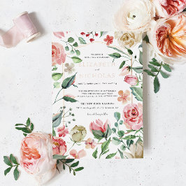 Invitación Con Relieve Metalizado Crème & Rose | Florales románticas de primavera pa