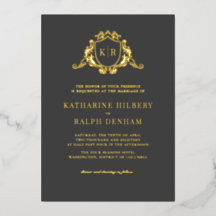 Crest Barroco Dorado Monograma Gris Oscuro Boda