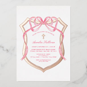 Invitación Con Relieve Metalizado Crest de Bautizo Rosa Arco Rosa Dorado