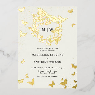 Invitación Con Relieve Metalizado Crest de Mariposa Marfil Bodas Monogramas de Oro