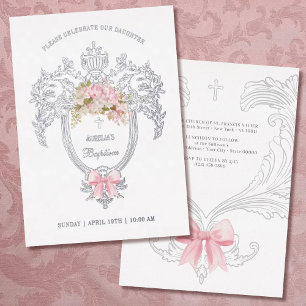 Invitación Con Relieve Metalizado Crest Elegante Rosa Arco Bautizo Plata