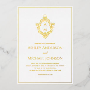 Invitación Con Relieve Metalizado Crest Monograma 2 Iniciales Elegante Boda Dorado