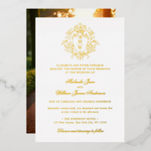 Invitación Con Relieve Metalizado Crest Monograma Vintage Regencia Foto Boda