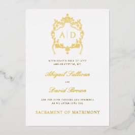 Invitación Con Relieve Metalizado Crest vintage católico boda oro