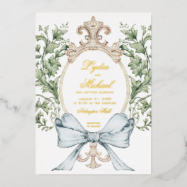 Invitación Con Relieve Metalizado Cresta de Hoja Informal con Lazo | Boda de Monogra