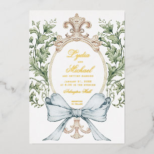 Invitación Con Relieve Metalizado Cresta de Hoja Informal con Lazo Boda de Monogra