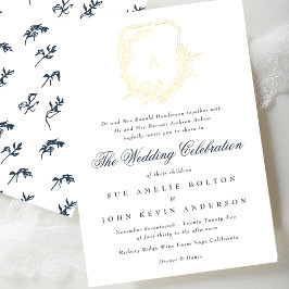 Invitación Con Relieve Metalizado cresta de monograma dorado botánico azul marino cl