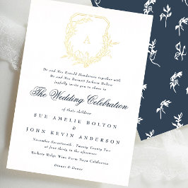 Invitación Con Relieve Metalizado cresta de monograma dorado botánico azul marino fo