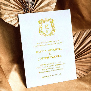 Invitación Con Relieve Metalizado Crestado Dorado Boda Elegante