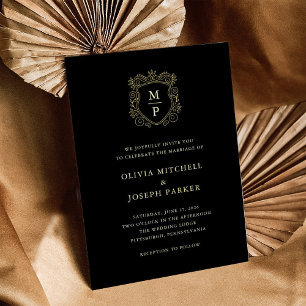 Invitación Con Relieve Metalizado Crestal Áurea Negra Boda Elegante