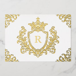 Invitación Con Relieve Metalizado Crestón Medieval de Hoja de Oro Monograma Inicial