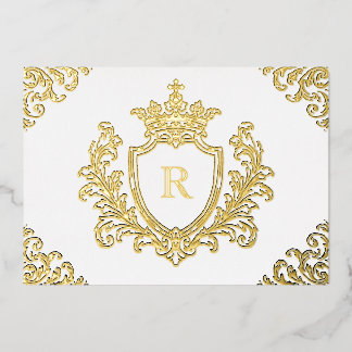 Invitación Con Relieve Metalizado Crestón Medieval de Hoja de Oro Monograma Inicial