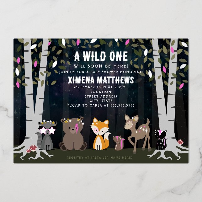 Invitación Con Relieve Metalizado Criaturas cósmicas Animales de Woodland Baby Showe (Anverso)