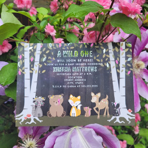 Invitación Con Relieve Metalizado Criaturas Cósmicas Animales del Bosque Baby Shower