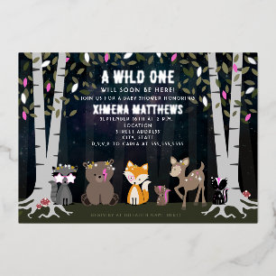 Invitación Con Relieve Metalizado Criaturas Cósmicas Animales del Bosque Baby Shower