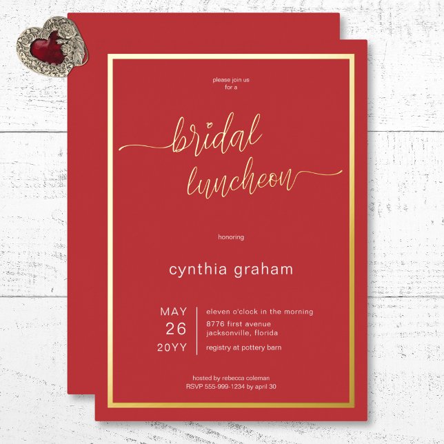 Invitación Con Relieve Metalizado Crimson Red Modern Minimal Bridal Luncheon (Crimson Red Modern Minimal Bridal Luncheon Foil Invitation)