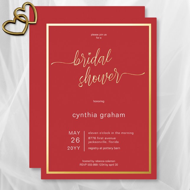 Invitación Con Relieve Metalizado Crimson Red Modern Minimal Bridal Shower (Crimson Red Modern Minimal Bridal Shower Foil Invitation)