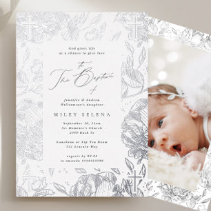Invitación Con Relieve Metalizado Crococaligrafía Floral Plata Baptismo Foto