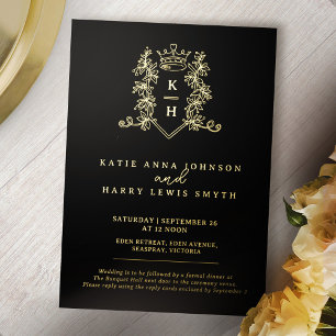 Invitación Con Relieve Metalizado Crown monograma follaje boda negro oro 