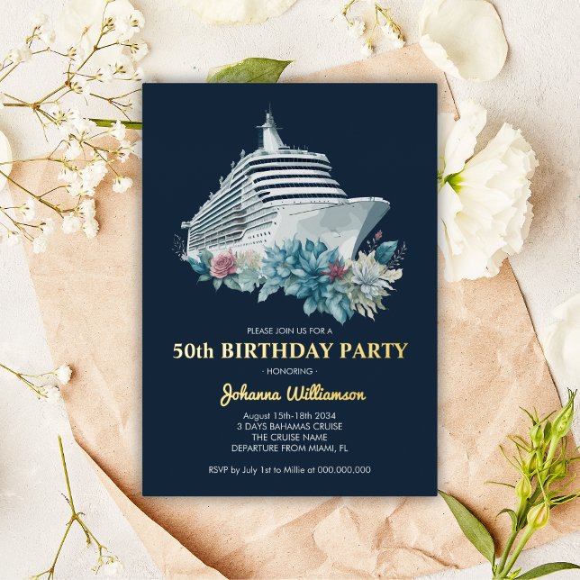 Invitación Con Relieve Metalizado Cruise Ship 50.ª Fiesta de Cumpleaños Gold (Cruise Ship 50th Birthday Party Gold Foil Invitation
)