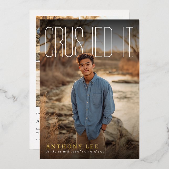 Invitación Con Relieve Metalizado Crushed It PhotoPop Graduation Party (Anverso/Reverso)