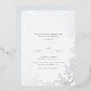 Invitación Con Relieve Metalizado Cruz Azul Plata Vintage Primera Comunión