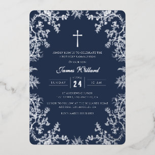 Invitación Con Relieve Metalizado Cruz de la Marina de Plata Vintage Primera Comunió
