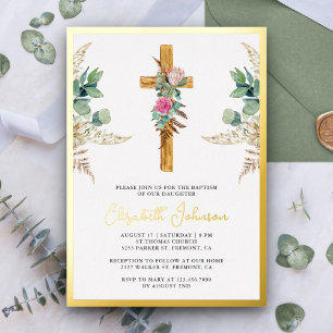 Invitación Con Relieve Metalizado Cruz de Madera Rústica Boho Pampas Eucalipto Bauti