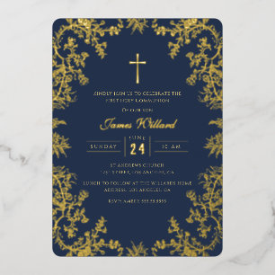 Invitación Con Relieve Metalizado Cruz de Oro de la Marina Vintage Primera Comunión