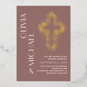 Invitación Con Relieve Metalizado Cruz de oro morado. Boda cristiano moderno