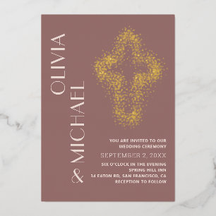 Invitación Con Relieve Metalizado Cruz de oro morado. Boda cristiano moderno