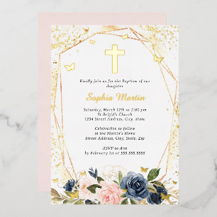 Invitación Con Relieve Metalizado Cruz de oro naval rosa floral niña bautizo