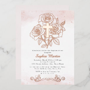 Invitación Con Relieve Metalizado Cruz de oro rosa floral niña bautizo rosa