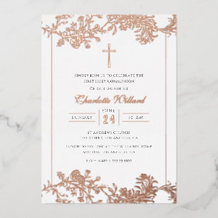 Invitación Con Relieve Metalizado Cruz de oro rosa floral para niñas Primera Comunió