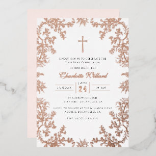 Invitación Con Relieve Metalizado Cruz de oro rosa vintage para niñas primera comuni