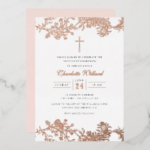 Invitación Con Relieve Metalizado Cruz de oro rosa vintage para niñas primera comuni