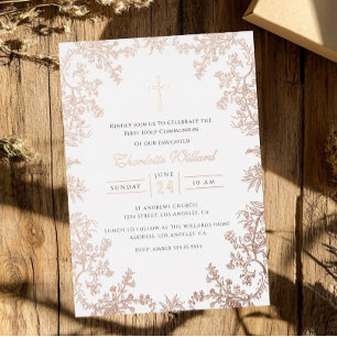Invitación Con Relieve Metalizado Cruz de oro rosa vintage primera comunión de niñas