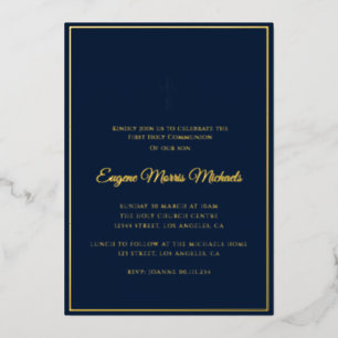 Invitación Con Relieve Metalizado cruz de oro simple primera comunión azul