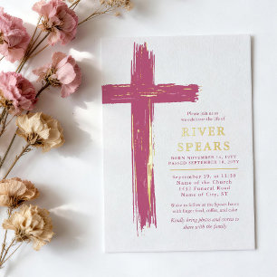 Invitación Con Relieve Metalizado Cruz de pincelada de oro rosa oscurecido Funeral M