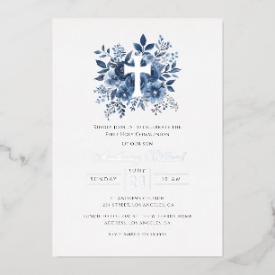 Invitación Con Relieve Metalizado Cruz de plata floral moderna para niños Primera Co