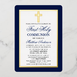 Invitación Con Relieve Metalizado Cruz de Primera Comunión azul elegante con marco d
