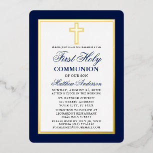 Invitación Con Relieve Metalizado Cruz de Primera Comunión azul elegante con marco d