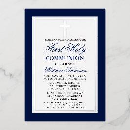Invitación Con Relieve Metalizado Cruz de Primera Comunión Azul Elegante de Plata