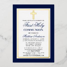 Invitación Con Relieve Metalizado Cruz de Primera Comunión azul elegante dorada