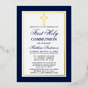 Invitación Con Relieve Metalizado Cruz de Primera Comunión azul elegante dorada