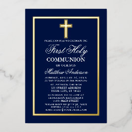 Invitación Con Relieve Metalizado Cruz de Primera Comunión Azul Marino Oro