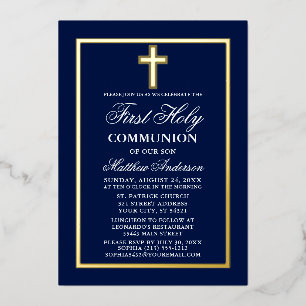 Invitación Con Relieve Metalizado Cruz de Primera Comunión Azul Marino Oro