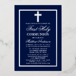 Invitación Con Relieve Metalizado Cruz de Primera Comunión Azul Marino Plata